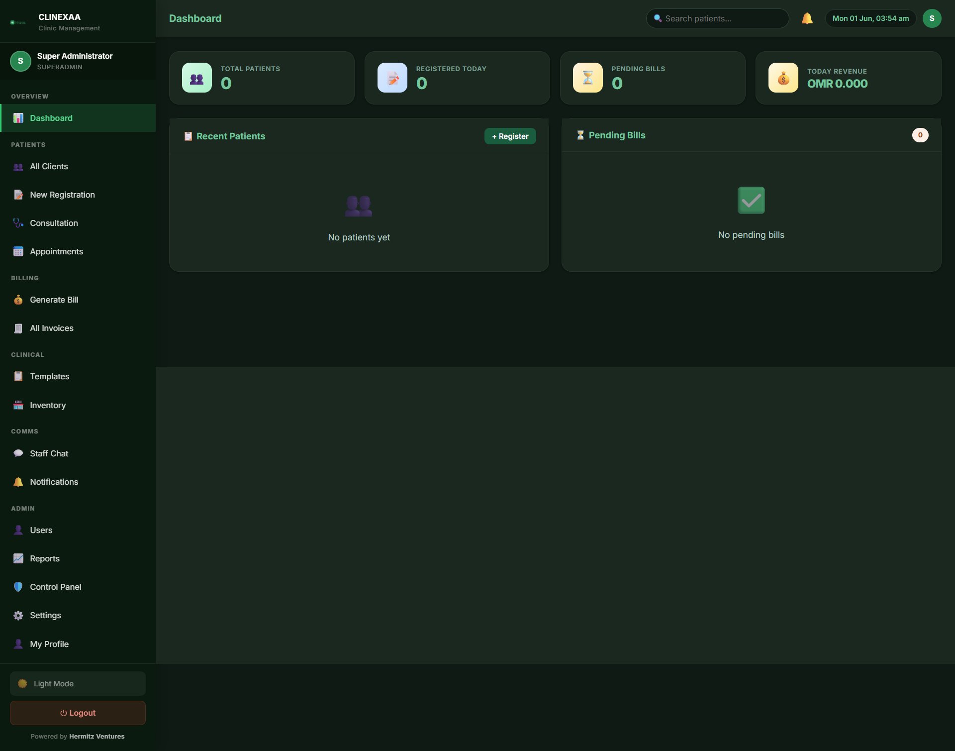 Clinexaa dark mode interface
