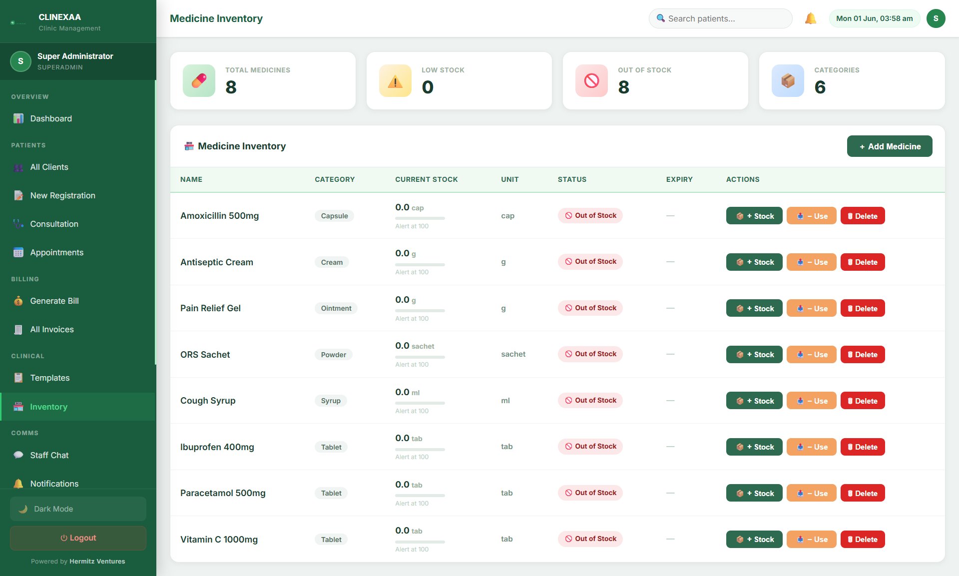 Clinexaa inventory management